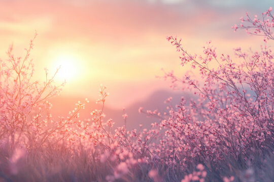 Cherry blossom branches in spring. Dreamy morning light. Defocused photo, bokeh background.