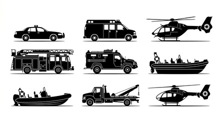 Naklejka premium Seven First Responder Emergency Vehicles Fire Truck Ambulance Police Car Rescue Helicopter Tow Truck Lifeboat SWAT Van Minimalist Black Silhouette Collection