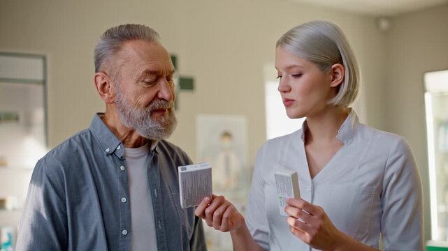 Closeup woman pharmacist help customer pharmacy. Positive blonde lady advising