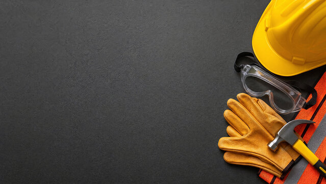 Construction safety equipment including a yellow hard hat, leather work gloves, protective goggles, and a hammer arranged on a dark textured background with copy space.