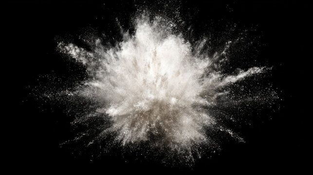White powder explosion isolated on black background. White dust particles splash.