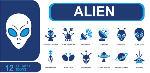 Alien icon set. Containing alien character, alien creature, satellite dish, alien face, alien figure, alien foot, flying saucer, Saturn planet, UFO ship and more. Solid fill vector icons. © Samad