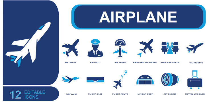 Airplane icon set. Containing air crash, air pilot, air speed, airplane ascending, airplane seats, travel luggage, flight route, hangar door, jet engine and more. Solid fill vector icons.