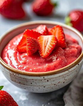 Mashed strawberry puree in ceramic bowl, glossy texture, fresh strawberry pieces on top, sweet and healthy baby food concept, appetizing