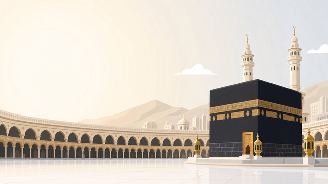 Vector illustration of the Holy Kaaba in the center of Masjid al-Haram mosque in Mecca Saudi Arabia under a clear sky for Hajj and Umrah religious pilgrimage concepts.