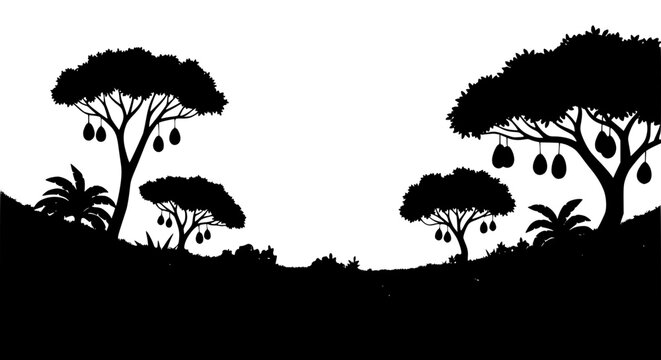 Black silhouette of African savanna landscape with trees and hanging fruits