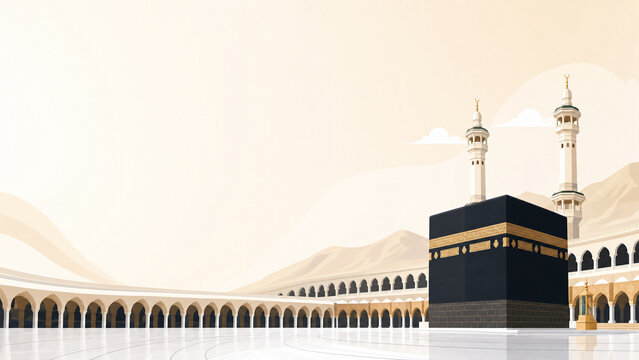 Minimalist vector illustration of the Holy Kaaba in Masjid al-Haram Mecca under a bright sky for Hajj and Umrah pilgrimage themes and Islamic holiday celebrations.