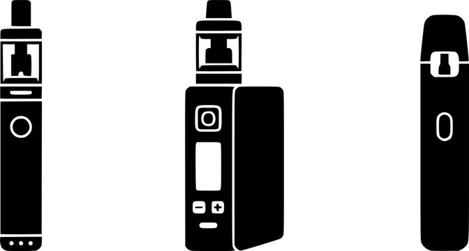 Electronic cigarette vector icons set: vape pen, mod, and pod symbols in black
