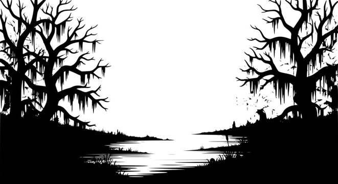 Spooky Swamp Landscape Silhouette with Gnarly Trees and Spanish Moss