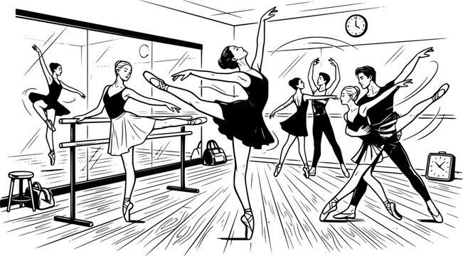Ballet dancers practicing, black and white vector illustrations of ballet performances, dance scenes
