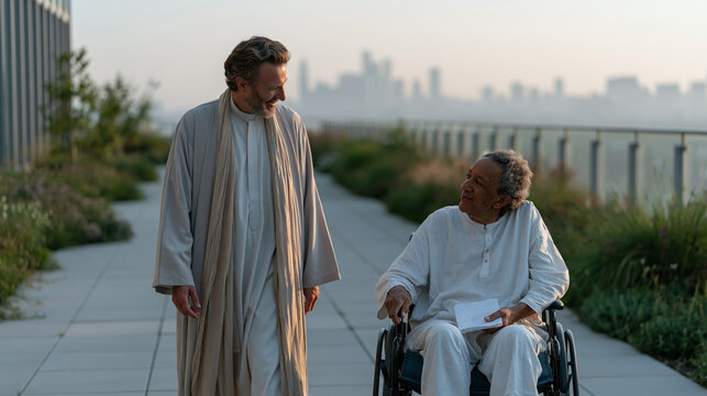 Palliative care chaplain walks slowly beside a patient in a wheelchair along a hospital rooftop garden, the two engaged in quiet conversation, late afternoon mist softening the skyline behind them, 