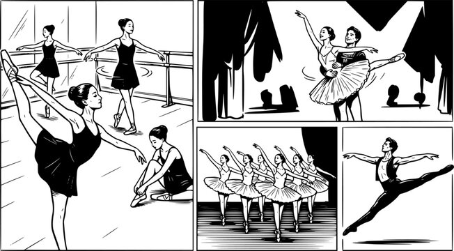 Ballet dancers practicing, black and white vector illustrations of ballet performances, dance scenes
