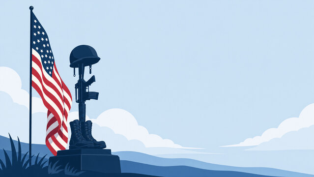 Fallen soldier battlefield cross memorial featuring helmet rifle and boots next to the American flag against a blue sky with clouds for patriotic holiday background.