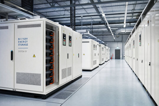 Modern industrial battery energy storage system facility with rows of white cabinets for renewable power management in a clean warehouse environment for utility grid support.