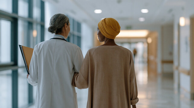 Oncology navigator walks beside a woman in a head covering through a long hospital corridor, holding a binder of cancer screening follow-up appointments, the patient's hand resting lightly on the na
