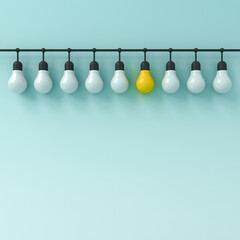 Standing out from the crowd and leadership one hanging yellow bright idea bulb with other dim white bulbs on light blue green cyan pastel color background business creative idea concepts 3D rendering © masterzphotofo