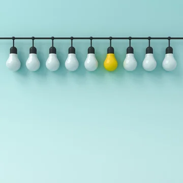 Standing out from the crowd and leadership one hanging yellow bright idea bulb with other dim white bulbs on light blue green cyan pastel color background business creative idea concepts 3D rendering