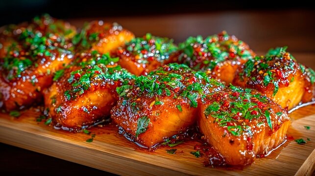 Salmon pieces glazed with herbs and sesame seeds on a wooden board

