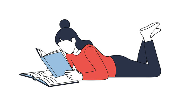 Illustration of a woman with black hair and a red shirt lying on her stomach while reading a blue book on a white background.