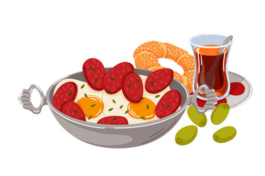 Traditional Turkish breakfast food, fried egg with sucuk sausage in pan, bagel, tea, simit and olive. Cartoon illustration for menu, recipe.