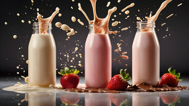 Chocolate and strawberry milk bottles exploding with creamy liquid splashes floating fruits and modern
