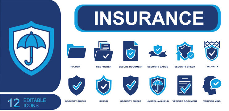 Insurance icon set. Containing file folder, secure document, badge, shield, umbrella protection, verified document, policy check, claim file, approval mark and more. Solid fill vector icons.