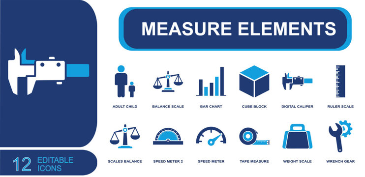 Measurement icon set. Containing adult child, balance scale, bar chart, cube block, digital caliper, ruler scale, speed meter, tape measure, weight scale and more. Solid fill vector icons.