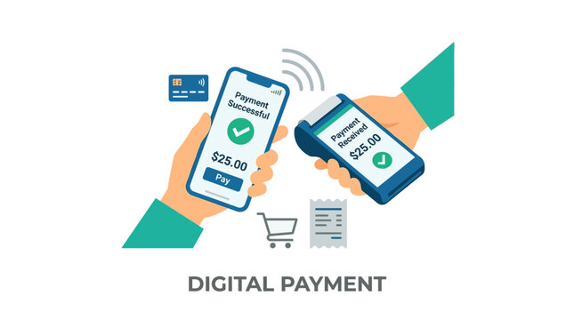 A clean vector illustration showing a person using a mobile smartphone to make a secure contactless digital payment via terminal