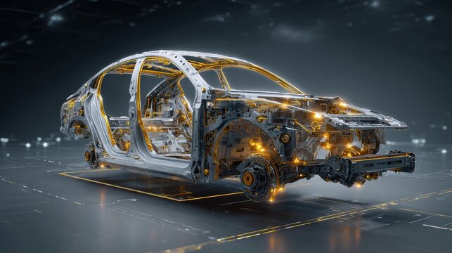 A futuristic depiction of a car chassis, highlighting its internal components with glowing elements. Metallic structure is suspended in a lab setting