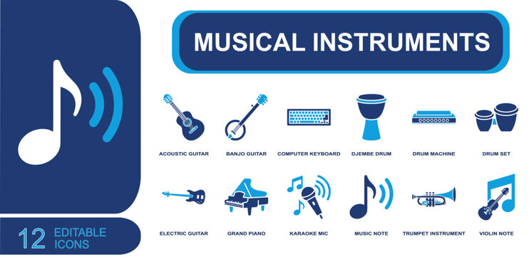 Musical instruments icon set. Containing acoustic guitar, banjo guitar, djembe drum, drum machine, electric guitar, grand piano, karaoke mic, trumpet and more. Solid fill vector icons.