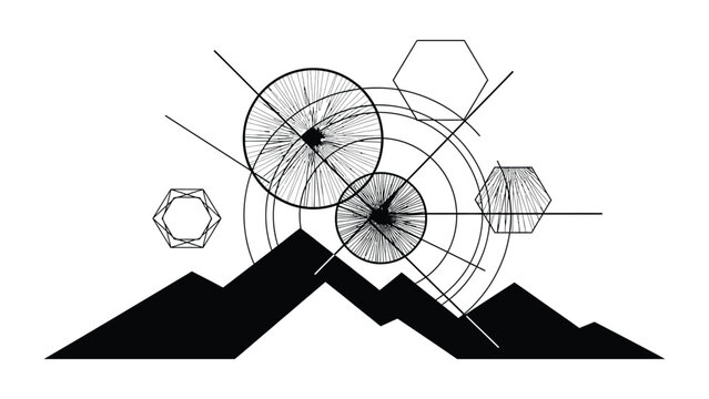 Abstract geometric landscape design with mountain silhouette and technical circular elements.