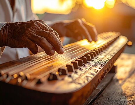 Close-up of hands playing traditional kecapi string instrument, highlighting Indonesian cultural music and craftsmanship