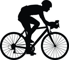 Fototapeta premium Black silhouette of a cyclist in aerodynamic racing posture on a road bicycle, white background, road bike