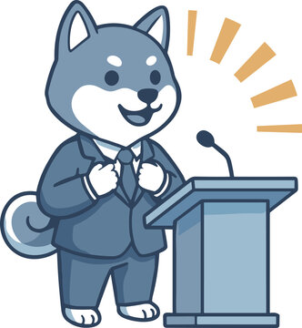 演説やプレゼンをする柴犬ビジネスマンキャラクター