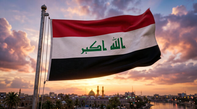 Majestic flag of Iraq waving on a wooden pole against a dramatic sunset and sea background, 3D illustration.