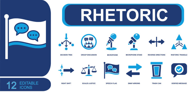 Rhetoric icon set. Containing decision tree, discussion, mic stand, reverse arrows, rhetoric triangle, justice scale, speech flag, checked message, podium and more. Solid fill vector icons.
