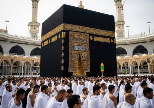 The kaaba in mecca with many muslim pilgrims performing hajj and umrah prayer during a sunny day at the great mosque of saudi arabia