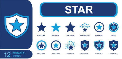 Star icon set, containing black star, shooting star, star badge, star burst, star shield, emblem badge, rating symbol, favorite mark, decorative star and more, solid fill vector icons. © Samad