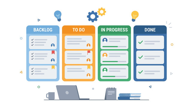A colorful kanban board illustration displays project management workflow stages including backlog to do in progress and completed tasks items