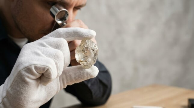 Man examining rough diamond with loupe. Gemologist inspecting precious stone for quality. Jewelry appraisal and gem evaluation concept.