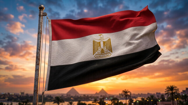 Majestic flag of Egypt waving on a wooden pole against a dramatic sunset and ocean background, 3D illustration.