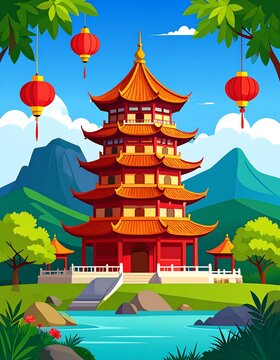 Ornate pagoda amidst lush scenery