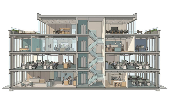  Flat Vector Cross‑Section Cutaway of a Four‑Story Corporate Office Building with Open Plan and Private Offices
