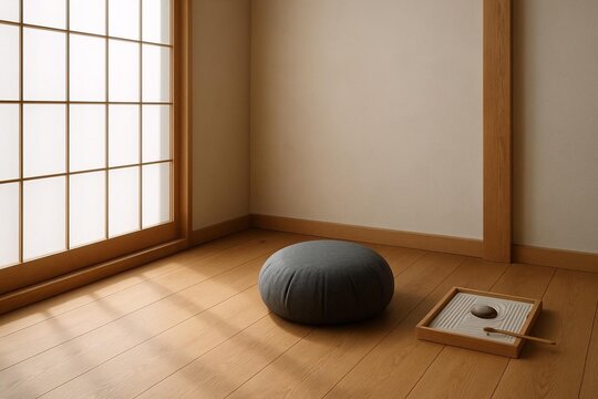 Serene Interior Architectural Japanese Inspired Meditation - Espacios Zen e Interiores Minimalistas Stock Photo