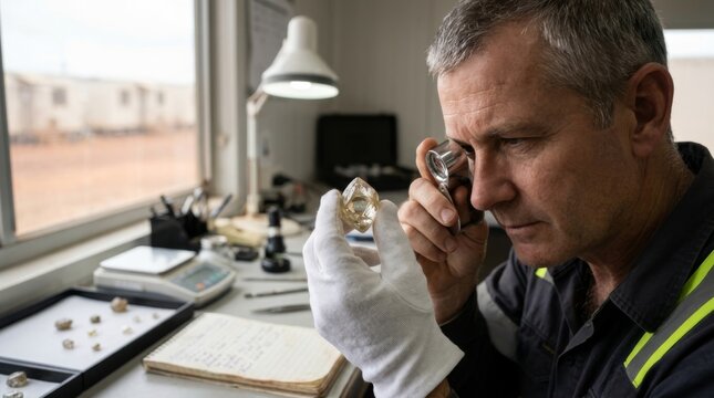 Man inspecting gemstone with loupe in remote mining camp. Prospector examining mineral sample outdoors. Resource discovery and gemology exploration concept.