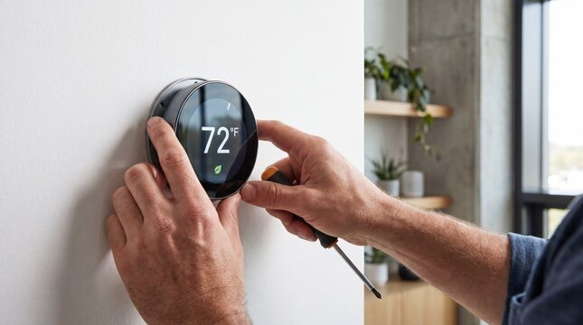 Close up of hands installing a sleek smart thermostat on a clean modern wall in a contemporary living room