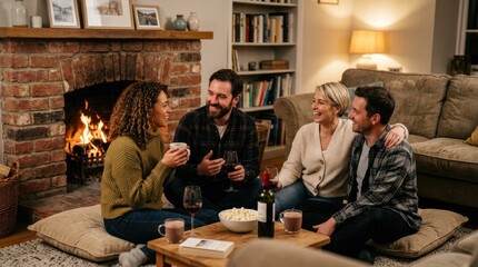 Fototapeta premium Four friends are gathered around a cozy living room, enjoying a relaxed evening together. A crackling fireplace provides warmth and ambiance.
