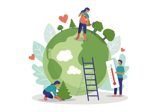 Group of people characters trying to save planet earth. People cooperating for environmental protection. Women and men measure the temperature of the planet, water and plant trees.