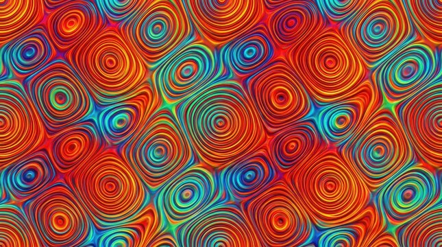 Psychedelic seamless pattern with vibrant swirl texture, colorful abstract concentric circles background, trippy liquid ripple effect wallpaper