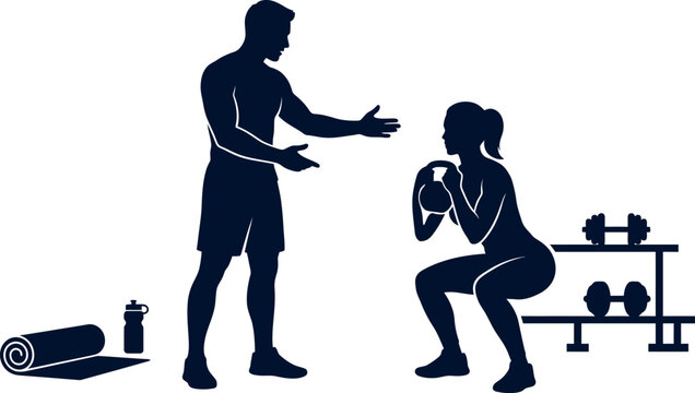 Man instructing woman in squat exercise with dumbbells